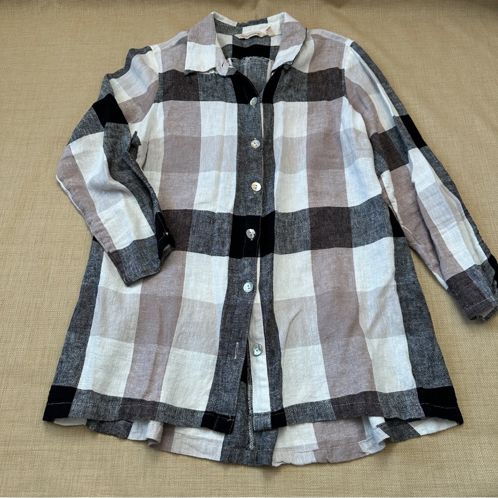 Soft Surroundings Linen Blend Block Plaid Button Down Zipper Back Blouse